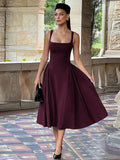 Nukty Women's Elegant Solid High Waist Pleated Long Dress Fashion Square Neck Sleeveless A-line Dresses Vocation Beach Streetwear