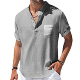 Nukty New Men's Short Sleeve Breathable T-shirts Summer Solid Color Basic Pocket Shirts for Men Oversized Half Button Linen Streetwear