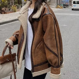 Nukty Winter Sheepskin Coat Faux Fur Suede Leather Women Warm Lamb Shearling Jacket Zipper Moto Biker Long Sleeve Short Casual Outwear