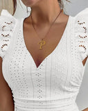 Nukty New Fashion Summer Casual Sexy V-Neck Flutter Sleeve Eyelet Embroidery Lace Patch Skinny Tank Top