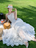 Nukty Elegant Hollow Out Womens Dresses French Style Spaghetti Strap Evening Party Dress Summer Female A-line Chic Vestidos Long Robe