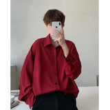Nukty Long sleeve shirt men Double Collar Ice Silk Shirt Men Vintage Wine Red Shirts Men Korean Comfortable Blouse Casual Loose Shirt
