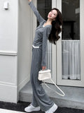 Nukty Y2K High Street Two Piece Set Tracksuit Women Long Sleeve Top Drawstring Wide Leg Pants Korean Fashion Solid Slim Casual Outfits