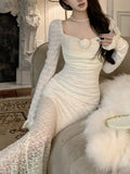 Nukty Women Sexy Solid Lace Long Dresses Autumn Off Shoulder Bodycon Mermaid Spring Birthday Evening Party Prom Robe Vestidos New