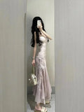 Nukty Summer France Princess Vintage One Piece Dress Women V Neck Sexy Y2k Elegant Evening Party Dress Female Slim High Street Clothes