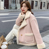 Nukty Pink Sherpa Cashmere Jacket Ladies Short Winter Fur Solid Color Loose Stitching Long Sleeve Small Korean Style Thickening New