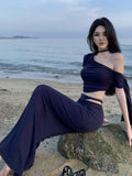 Nukty Elegant Solid Skirt Suits New Fashion Diagonal Collar Short Top + Slim Waist Long Skirt Womens Two Pieces Set Female Clothing