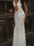 Nukty Women Hollow Out Lace Backless Slim Long Dress Fashion Off Shoulder Halter Dresses Chic New Sexy Female Party Club Robes