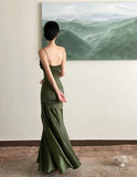 Nukty Elegant Emerald Green Irregular Patchwork Evening Party Dress High Waist Spaghetti Strap Pleated Hem Prom Gown For Women