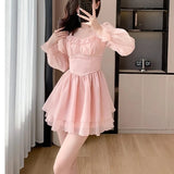 Women Pink Patchwork Chiffon Chic Ruffled Short Dress Spring Elegant Diamonds Kawaii Dress 2024 Korean Fashion Bodycon Vestidos