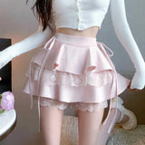 Nukty Kawaii Pink Ruffle Mini Skirt Women Fairycore Lace Double-layer Cute High Waist Bandage Sexy Short Skirt Coquette Lolita