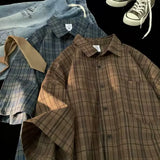 Nukty Japanese Vintage Plaid Short Sleeve Shirt Men's Streetwear Loose Fit High-end Feel Casual Stylish Versatile Half Sleeve Jacket
