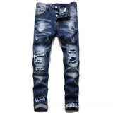 Nukty Men Blue Denim Jeans Skinny Holes Jeans Italian Style Stretch Denim Pants High Quality Male Slim Fit Denim Trousers Size 42