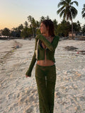 Nukty Women Sexy See Through Patchwork Long Skirt Set Fashion Long Sleeve Lace-up Shirt Tops Suit New Vocation Beach Outfits