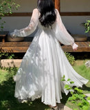 Nukty Elegant Maxi Dresses For Women White Off Shoulder Puff Long Sleeve Elastic High Waist Party Gown Ruffle Holiday Dress