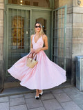 Nukty Women Sweet Pink Plaid Print Pleated A-line Dress Sexy Backless V-neck Lace-up Halter Dresses New Evening Party Club Robes