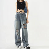 Nukty Women's Trendy Straight Jeans with Ripped Knees Women's Fashionable and Comfortable High Waist Casual Jeans Loose Wide Leg Pants