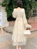 Nukty Autumn Elegant Princess Midi Dresses for Women Vintage Square Collar Long Sleeve Floral A-line Korean Fashion One Piece Vestido