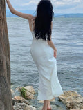 Nukty Spring Elegant Beige Long Dress Women New Fashion Spaghetti Strap Dresses Female Evening Party Prom Robe Summer Satin Gown Mujer