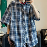 Nukty Casual Plaid Short Sleeve Shirt For Men Summer Japanese Vintage Loose Fit American Style Trendy Brand Jacket