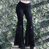 Nukty Solid Lace Patchwork Flared Bottom Trousers Gothic Black Flared Pants Breathable Stretch Flared Bottom Punk Pants