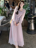 Nukty Elegant French Romantic Ruffles Chiffon Purple Women's Dresses Square-Collar Slim Wasit Long Sleeves  korean Dress Vacation New