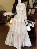 Nukty Elegant Long Sleeve Print Dress for Women Square Collar Princess Evening Dresses Femme One Piece Casual Vestido Mujer Autumn New
