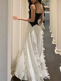 Nukty French Ruffle Pleated Elegant Fashion Evening Party Black White Women's Dresses Spliced A-Line Prom Spaghetti Strap Dress New