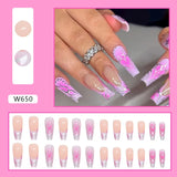 Nukty 24Pcs Long Ballet False Nails Long French Fake Nails with Heart Designs Wearable Coffin Press on Nails Full Cover Nail Tips