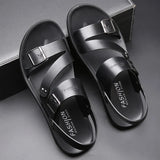 Nukty Comfortable Men's Sandals Solid Color Open Toe Mens Leather Sandals New Slippers Beach for Male Leather Footwear