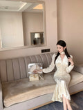 Nukty Elegant Chic Single Breasted Velvet Midi Dresses for Women Spring Autumn Vintage Evening Party Slim Mermaid Female Clothing Robe