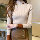 Nukty Women Embroidered Mock Neck Sweater Patchwork Long Sleeve Slim Bottoming Knit Jumper Casual Sweater For Women Fall Winter