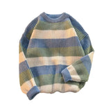 Nukty Comfortable Men Sweater Men's Striped Colorblock Knitted Sweater Thick Warm O Neck Pullover for Fall Winter Soft Long Sleeve