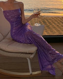 Nukty Purple Sequin Sexy Slim Dress 2024 Women Sleeveless Backless Bandage High Waist Long Dresses Holiday Elegant Party Gown