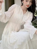 Nukty Elegant Princess Evening Dress for Women High Waist A-line V-Neck Autumn French Casual Prom Robe One Piece Vestidos Mujer New