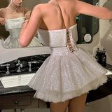 Nukty Off Shoulder A-Line Shiny Backless Sleeveless Mini Dress Sexy Y2K Fashion Spring Prom Party Evening New Women Vestidos
