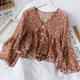 Nukty  Blouses Women Temperament V Neck Floral Print Sweet Small Fresh Long Sleeves Chiffon Shirt Autumn All-match Short Crop Top