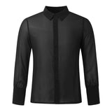 Nukty Men's Clothing Mesh See Through Mesh Sexy Long Sleeve Shirt Solid Color Button-down Vintage Streetwear Retro Party Tops S-XL