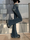 Nukty Winter Blue Vintage Jeans Women High Waist Y2K Chic Casual Flare Pants Female Korean Fashion Tassel Designer Denim Pants