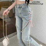 Nukty American Split Jeans Women Pink Bandage High Waist Irregular Spliced Denim Pants Zipper Fly Trousers Y2k Pantalon Femme