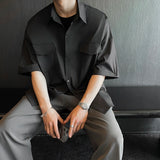 Nukty High Quality Solid Pockets Shirts Black Blouses Summer Korean Smooth Short Sleeve Shirt Streetwear Oversize Cargo Shirts