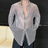 Nukty Transparent Mesh Shirt Hollow Out Jacket Personality Breathable Youth Fashion Long Sleeve Tops Men Lapel Party Clubwear