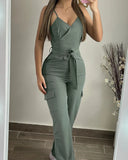 Summer Woman Long Jumpsuits Elegant V-Neck Work Suit Jumpsuit with Suspender Sexy New Fashion Casual One Pieces