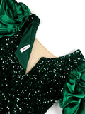 Nukty Women Shiny Sequin Dresses Velvet Christmas Bodycon Sexy Deep V Neck Puff Sleeve Vintage Tight Midi Sparkly Cocktail Club