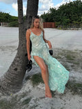 Nukty Women Fashion Irregular Ruffles Hem Long Dress Sexy High Split V-neck Backless Maxi Dresses Summer Vocation Beach Party Vestidos