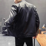 Nukty New Men Leather Jacket Classic Slim Fit Motorcycle PU Leather Jacket Solid Color Standing Collar Men Large Black Leather Jacket