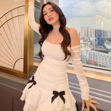 Nukty Elegant Slash-neck Ruched Dress French Gentle Bow Applique Off Shoulder Tierred Mini Dresses Party Evening Dresses