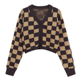Nukty Checkerboard Crop Cardigan V-neck Button Up Knitted Sweaters Women Autumn Winter Outfit