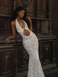 Nukty Women Hollow Out Lace Backless Slim Long Dress Fashion Off Shoulder Halter Dresses Chic New Sexy Female Party Club Robes