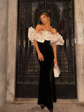 Nukty Elegant White Pleated Slash Neck Patchwork Long Dress Women Fashion Backless Sleeveless Slim Robe New Party Evening Dresses